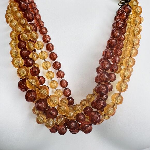 Vintage Chunky Amber Yellow Lucite Multi Strand Beaded Necklace Dome Box Clasp - Picture 2 of 16